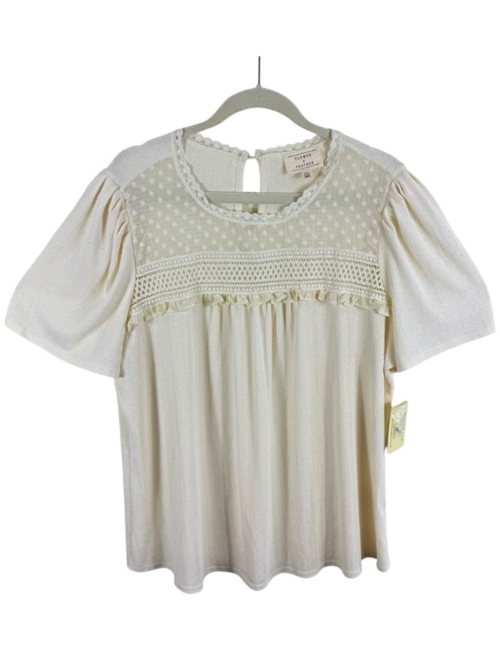Flower & Feather NWT Ivory Lace Crochet Puff Sleeve Blouse Top Women's 2XL